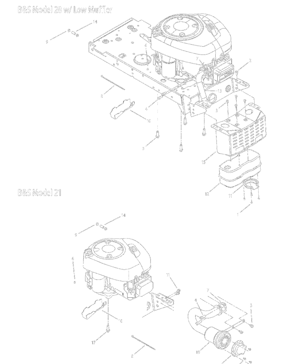 B&s Model 28 W Low Mufflerandmodel 21 Diagram and Parts List for 13AC762F000 2008 Yard Machines Lawn Tractor